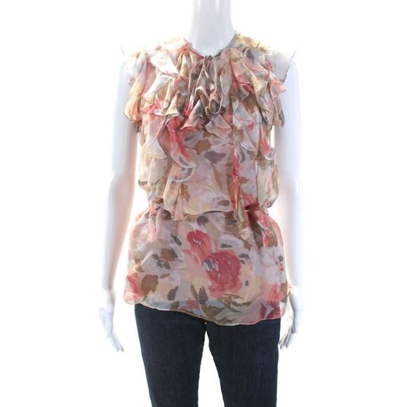 Rebecca Taylor Tops - Rebecca Taylor Womens Ruffled V Neck Abstract Chiffon Top White Pink Silk Size 2